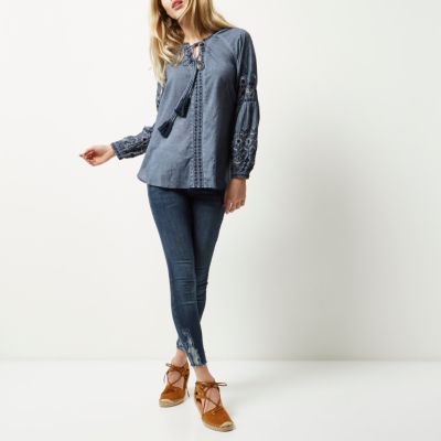 Denim embroidered blouse